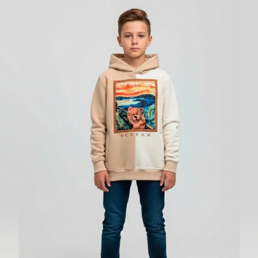 Rebel Minds Kids Scream Bear Fleece Hoodie Beige And Cream Size M - 10/12